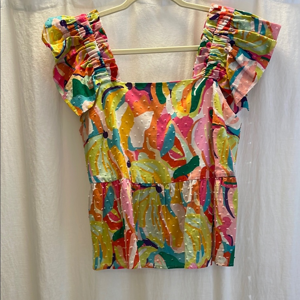 NWOT CROSBY by Mollie Burch Yellow Pink Fitted Ruffled Blouse